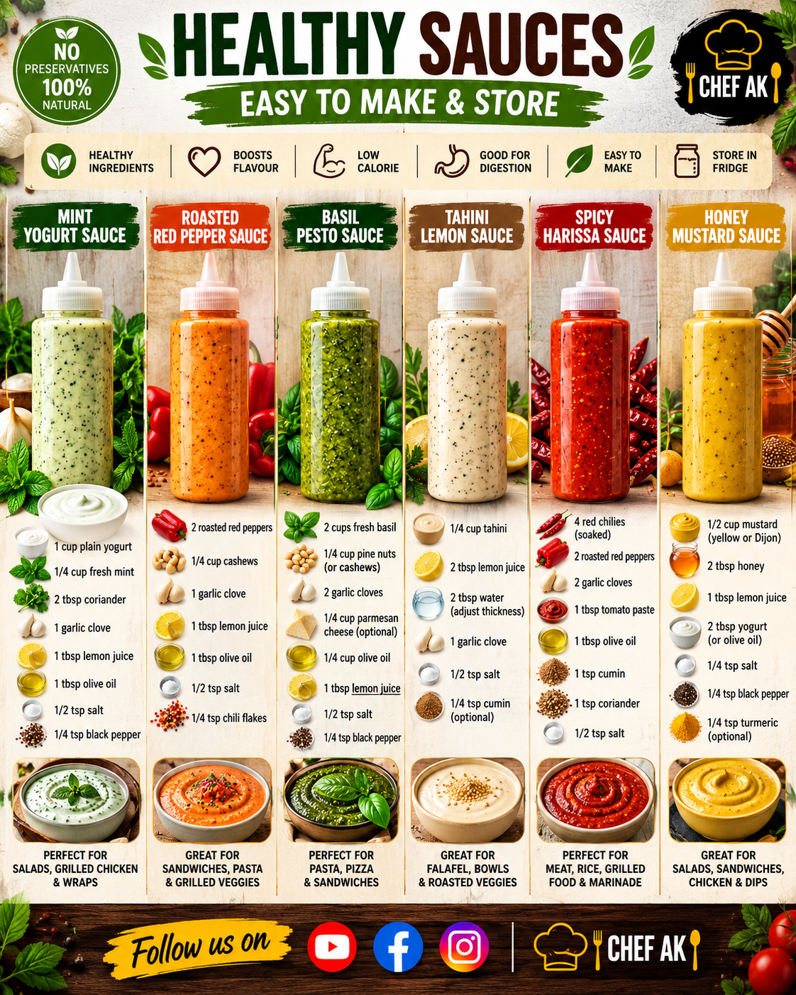 Healthy sauces collection — mint yogurt, roasted red pepper, basil pesto, tahini lemon, spicy harissa and honey mustard sauces with ingredients
