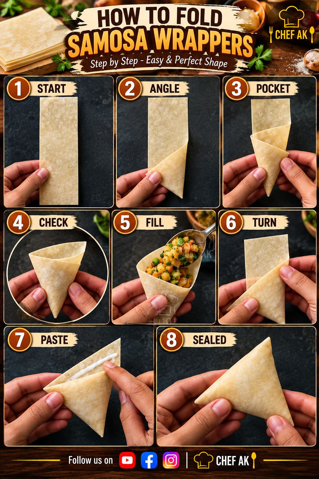 How to fold samosa wrappers — 8 step picture guide: start, angle, pocket, check, fill, turn, paste, sealed