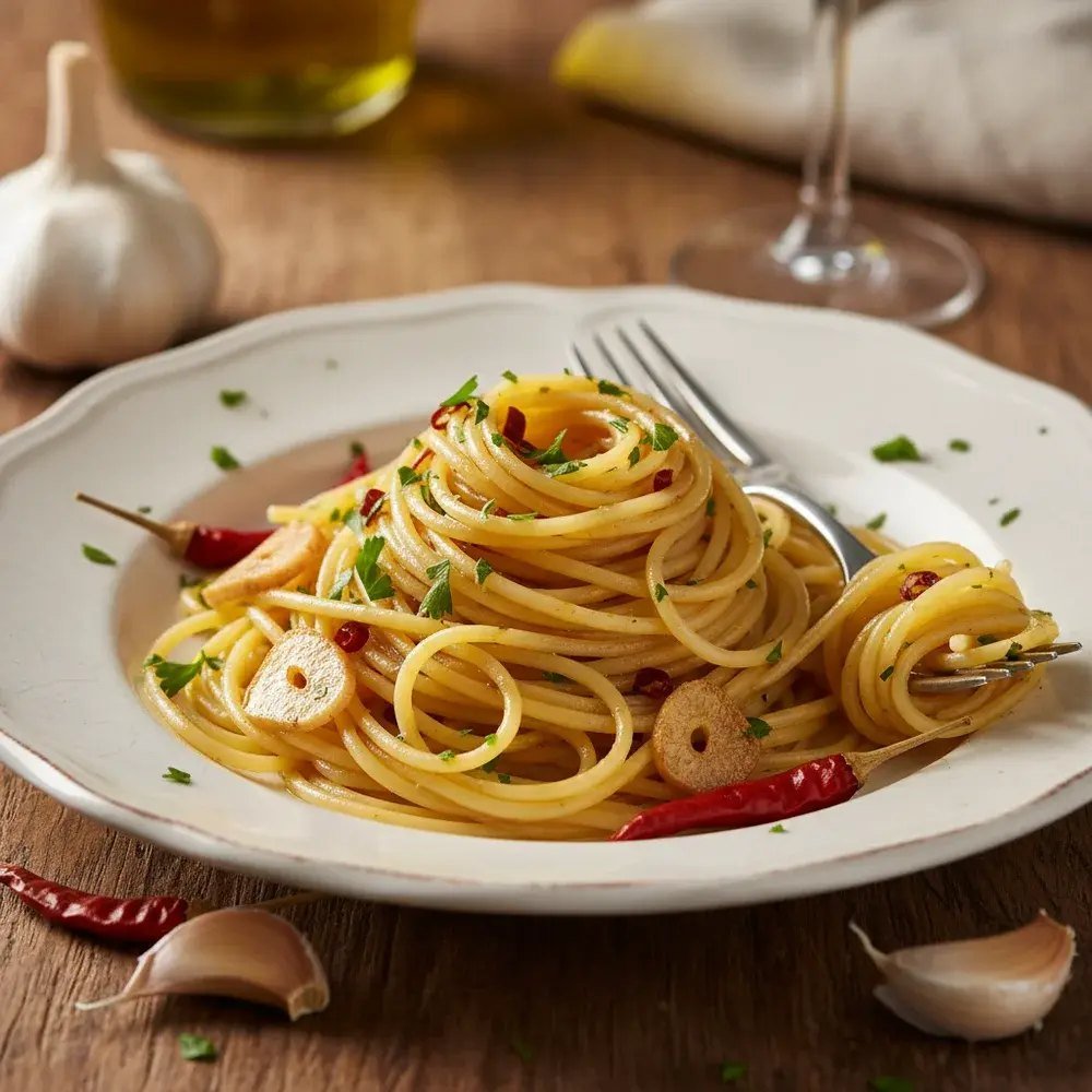 Spaghetti aglio e olio with garlic, chili and parsley