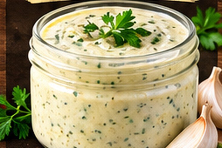 Jar of creamy garlic aioli with garlic cloves beside it