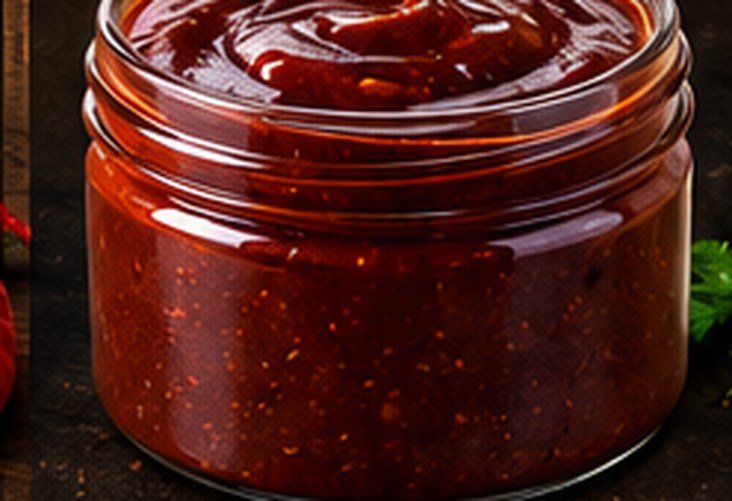 Jar of dark glossy homemade BBQ sauce