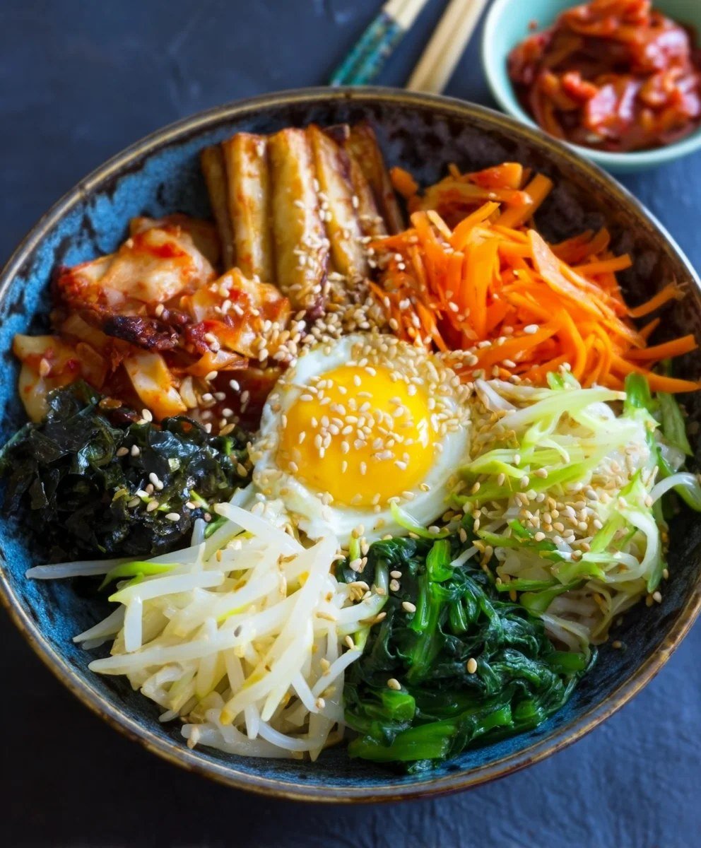 Bibimbap bowl with seasoned vegetables, kimchi and a fried egg over rice