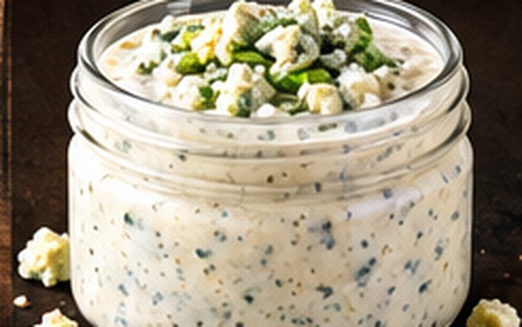 Jar of blue cheese dressing topped with cheese crumbles