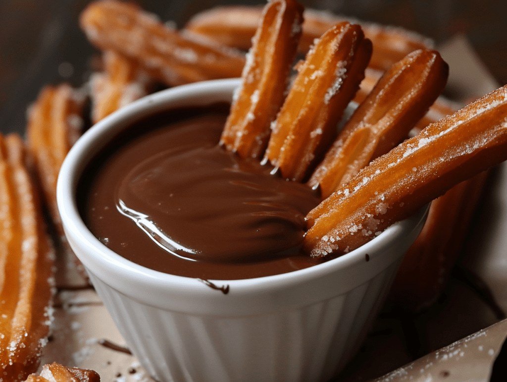 Churros dusted with sugar dipped in thick chocolate sauce