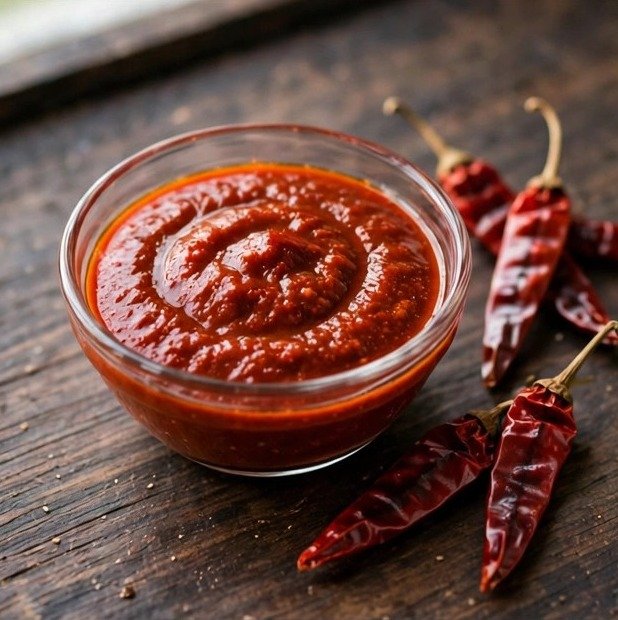 Spicy harissa sauce in a glass bowl with dried red chilies