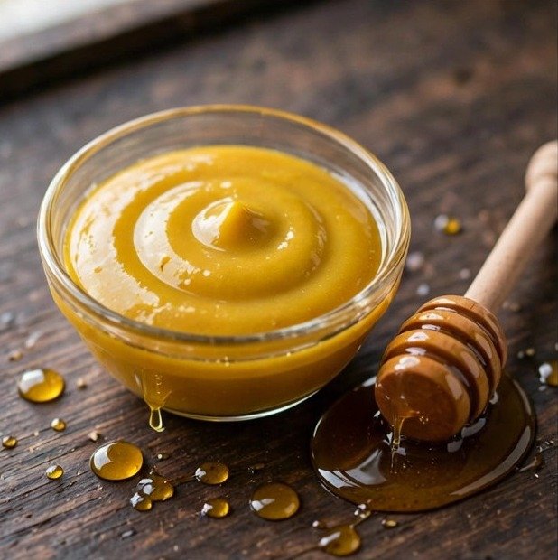 Honey mustard sauce in a glass bowl with a honey dipper