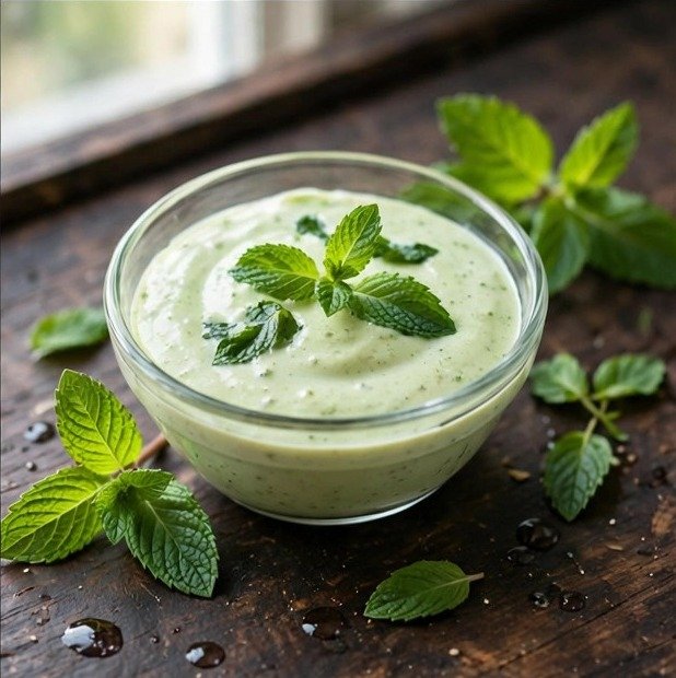 Mint yogurt sauce in a glass bowl with fresh mint leaves