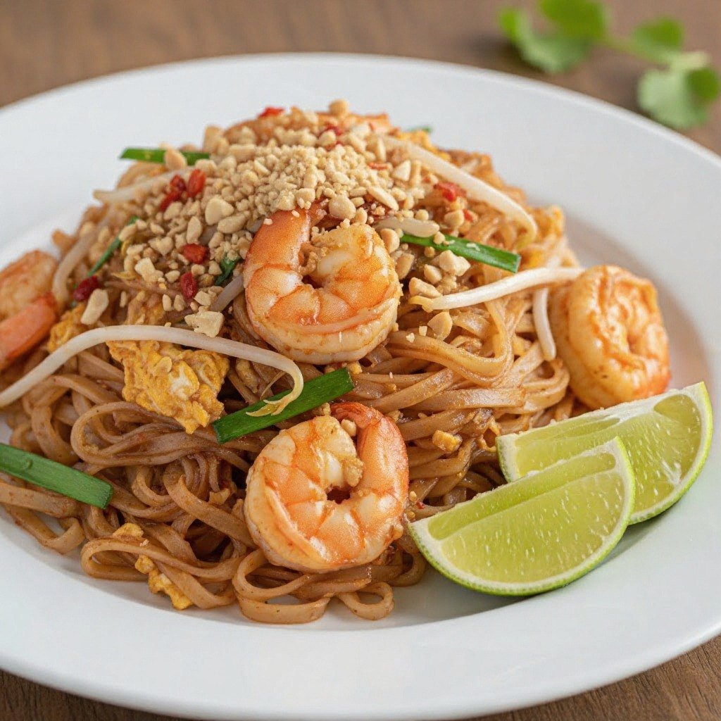 Shrimp pad thai with peanuts, bean sprouts and lime