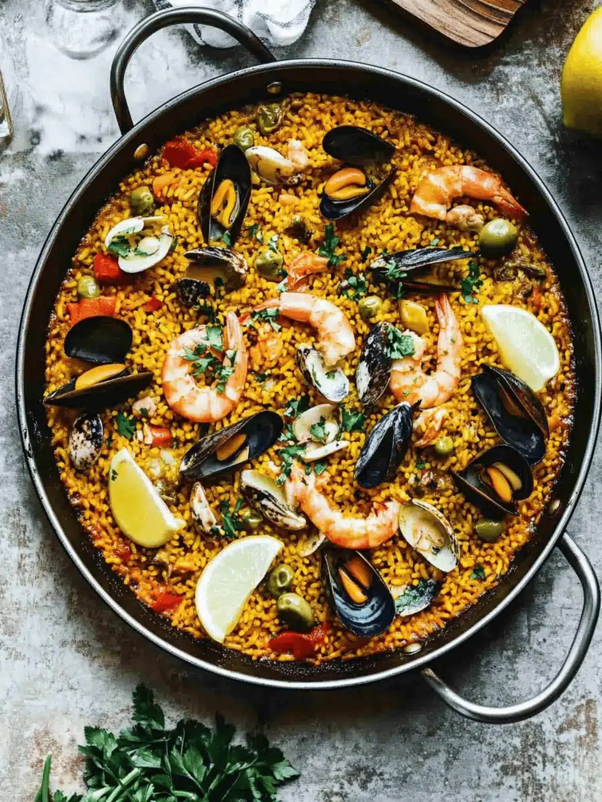 Seafood paella in a wide pan with shrimp, mussels and lemon wedges