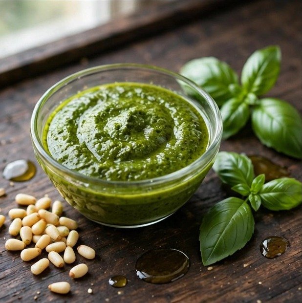 Basil pesto sauce in a glass bowl with fresh basil and pine nuts