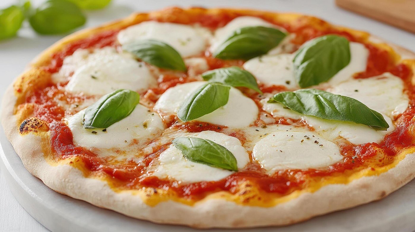 Margherita pizza with mozzarella, tomato and fresh basil