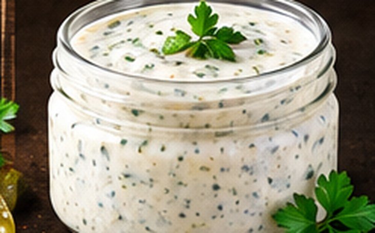Jar of homemade ranch dressing with fresh herbs