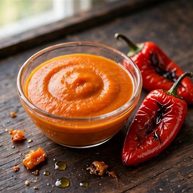 Roasted red pepper sauce in a glass bowl with roasted peppers
