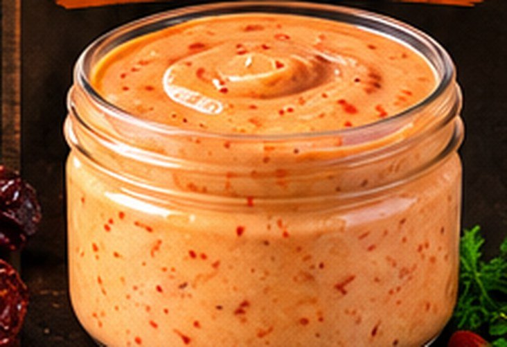 Jar of sriracha mayonnaise with a smooth swirled top