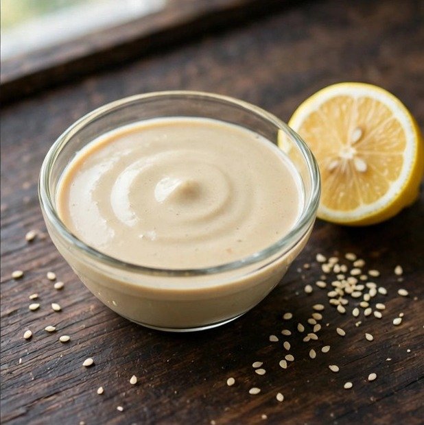 Tahini lemon sauce in a glass bowl with lemon and sesame