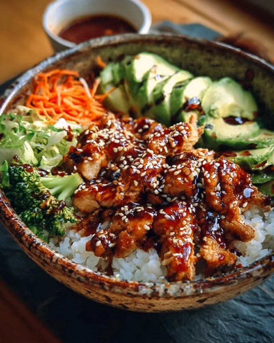 Chicken teriyaki bowl with sesame seeds over rice
